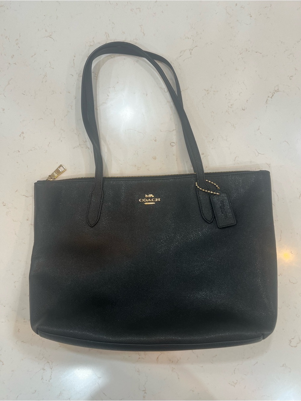 Coach Black Leather Top-Zip Tote with Gold Hardware
